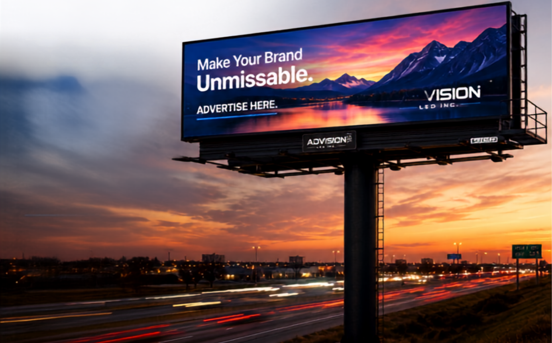 AdVision LED digital billboard glowing at dusk over a highway