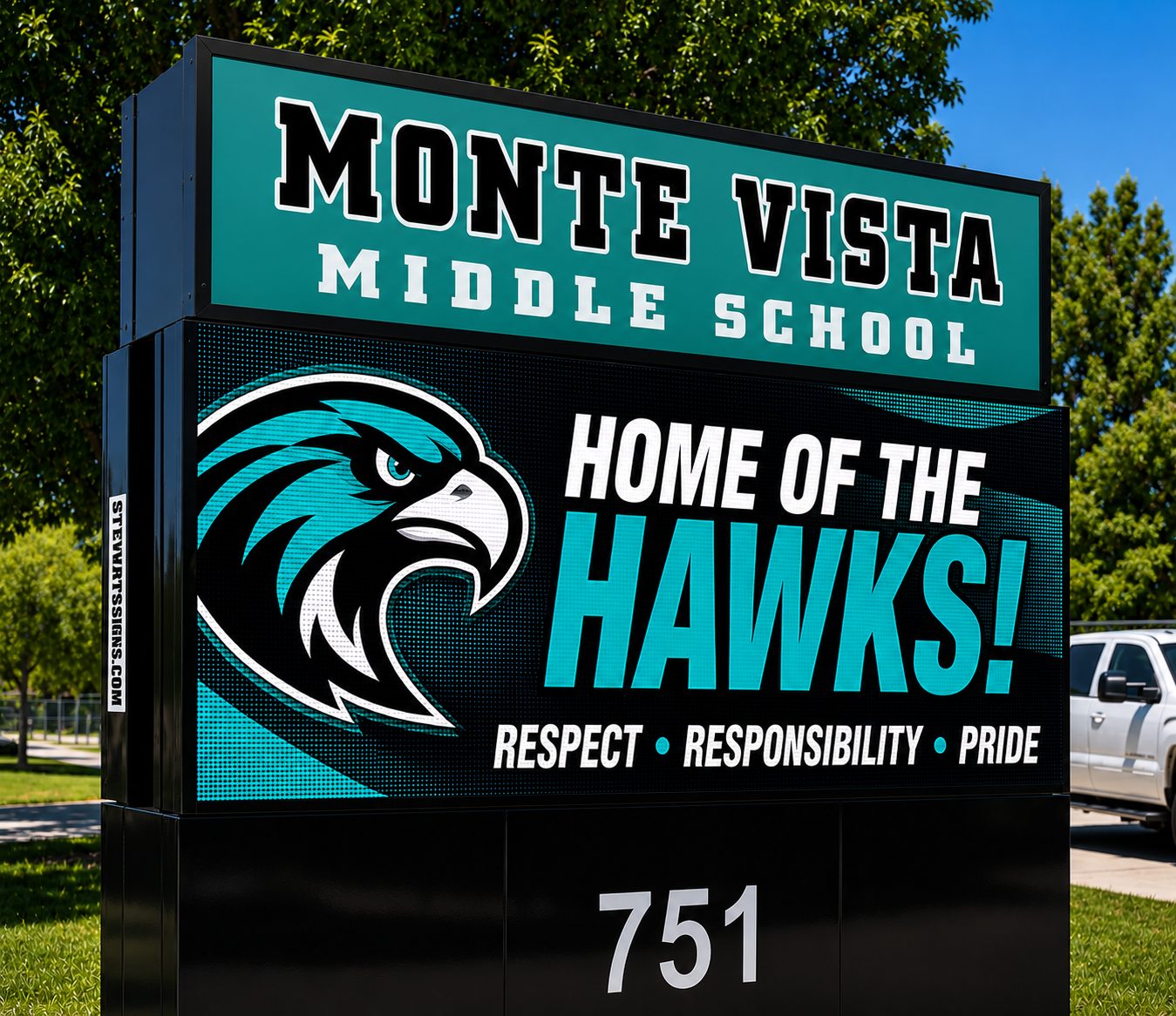 4x8 LED school sign reading Home of the Hawks