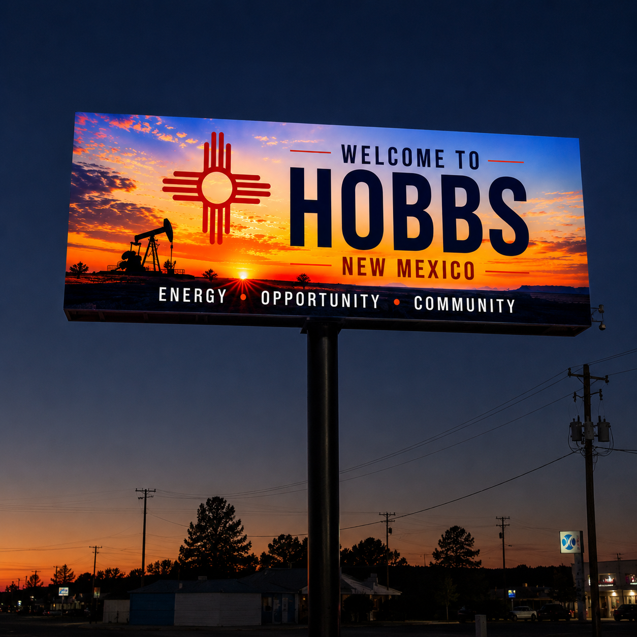10x20 LED billboard welcoming visitors to Hobbs, New Mexico