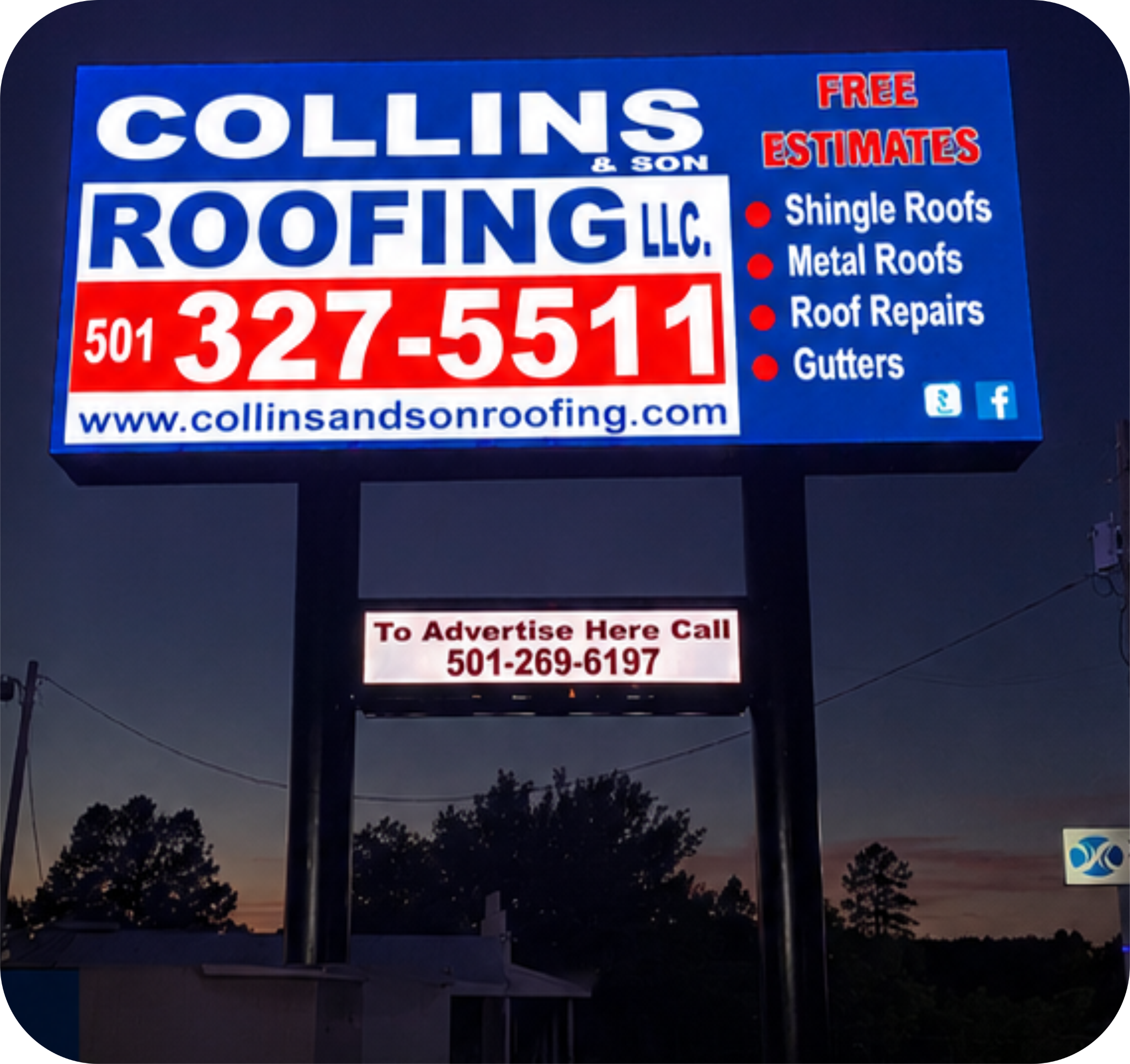 Junior LED billboard advertising a roofing company